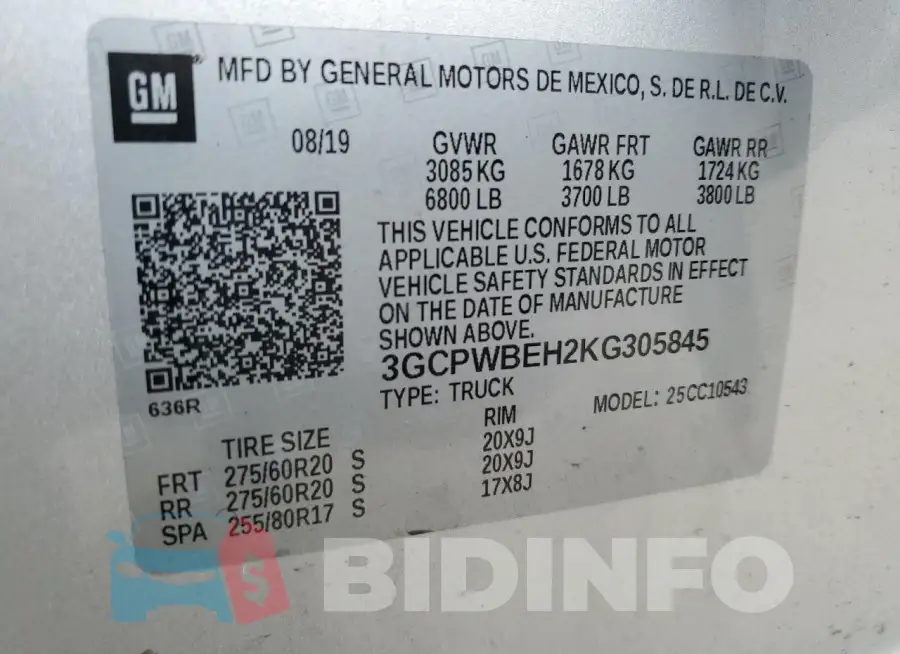 3GCPWBEH2KG305845 Photo# 12