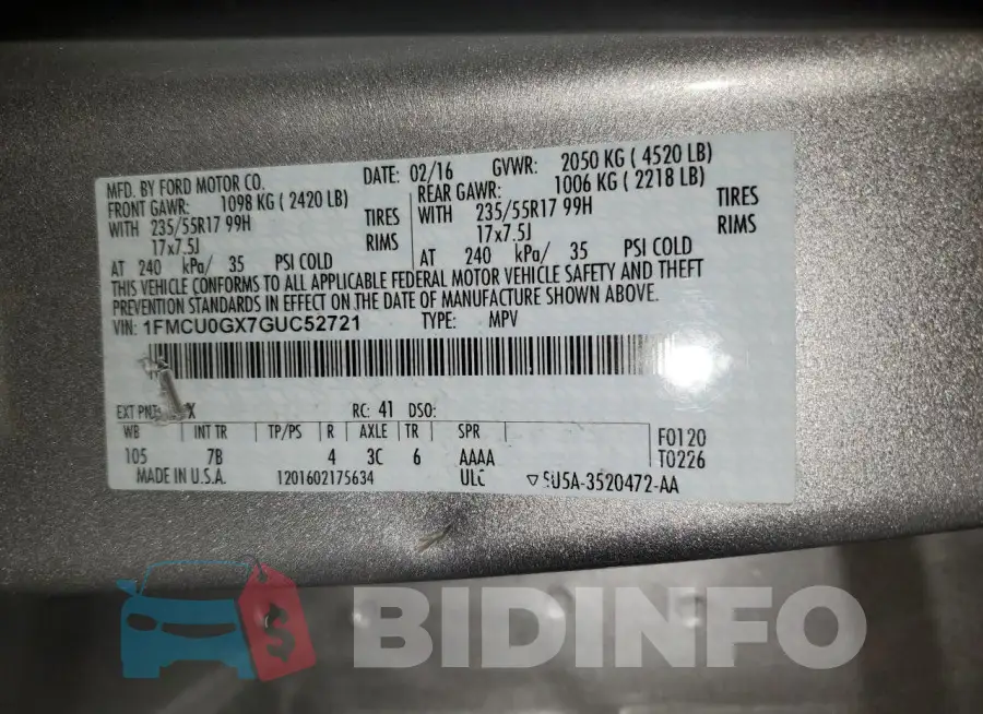 1FMCU0GX7GUC52721 Photo# 12
