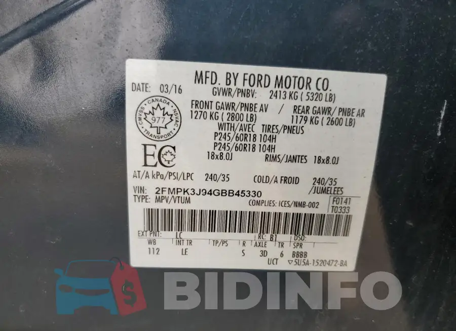 2FMPK3J94GBB45330 Photo# 13