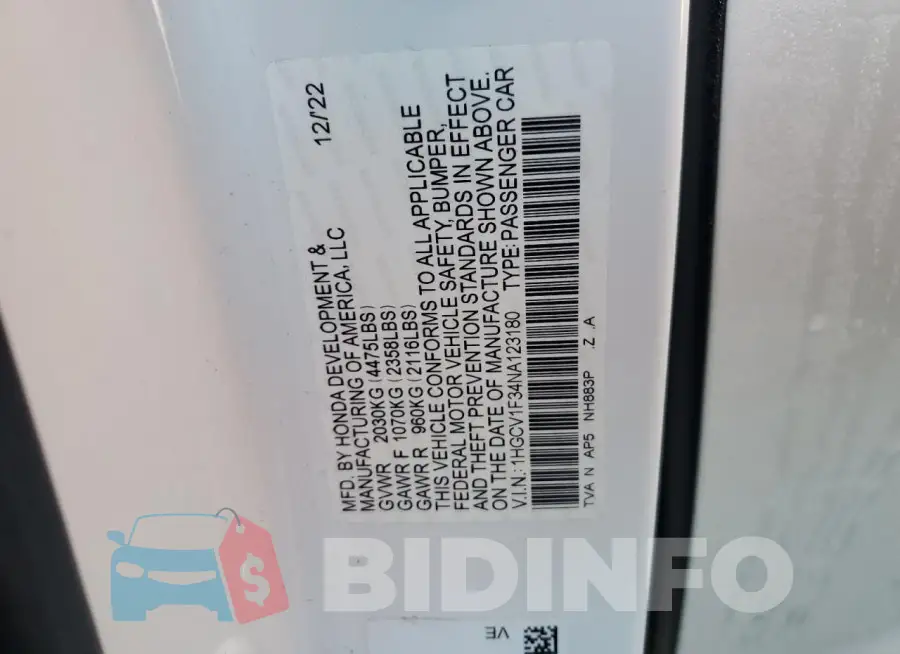 1HGCV1F34NA123180 Photo# 12