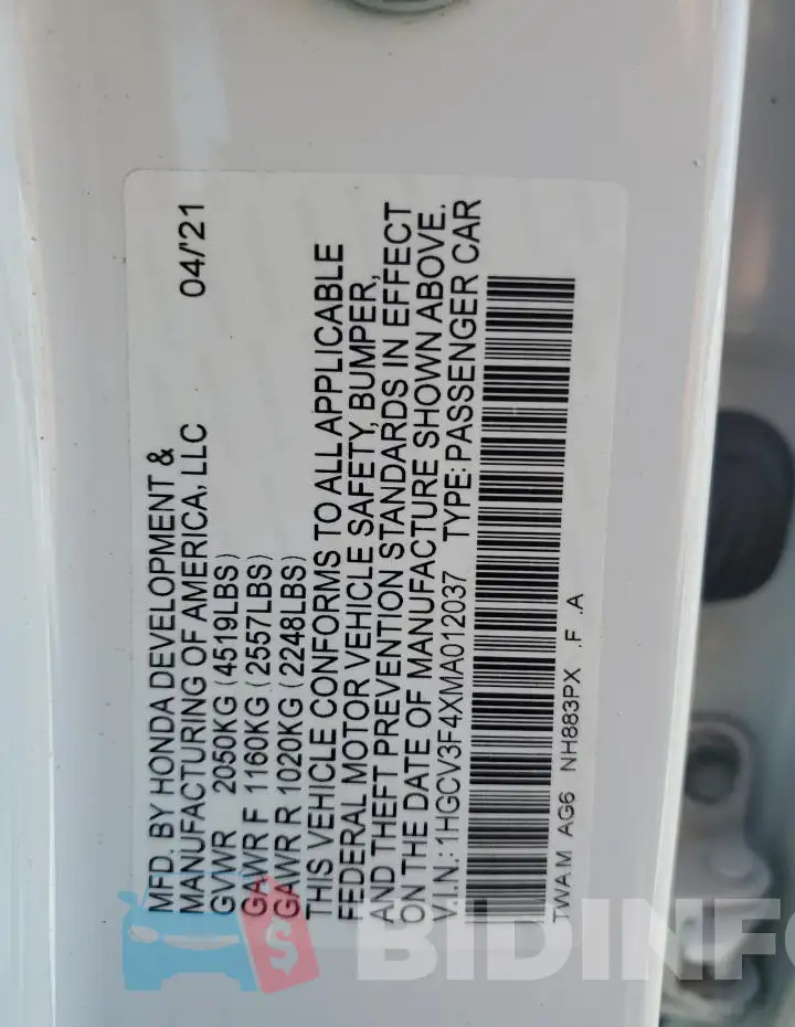1HGCV3F4XMA012037 Photo# 12