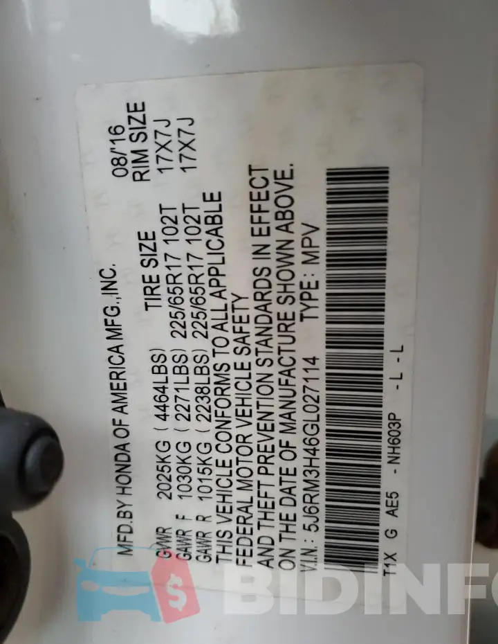 5J6RM3H46GL027114 Photo# 14
