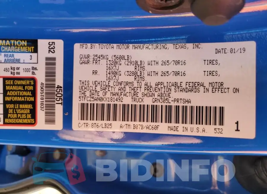5TFCZ5AN0KX181492 Photo# 13