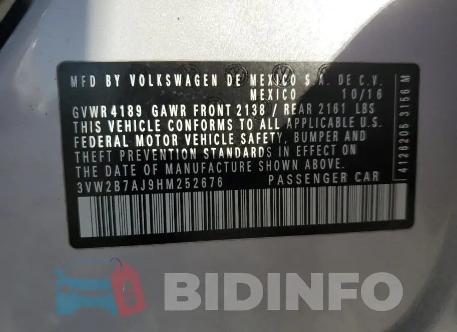 3VW2B7AJ9HM252676 Photo# 12