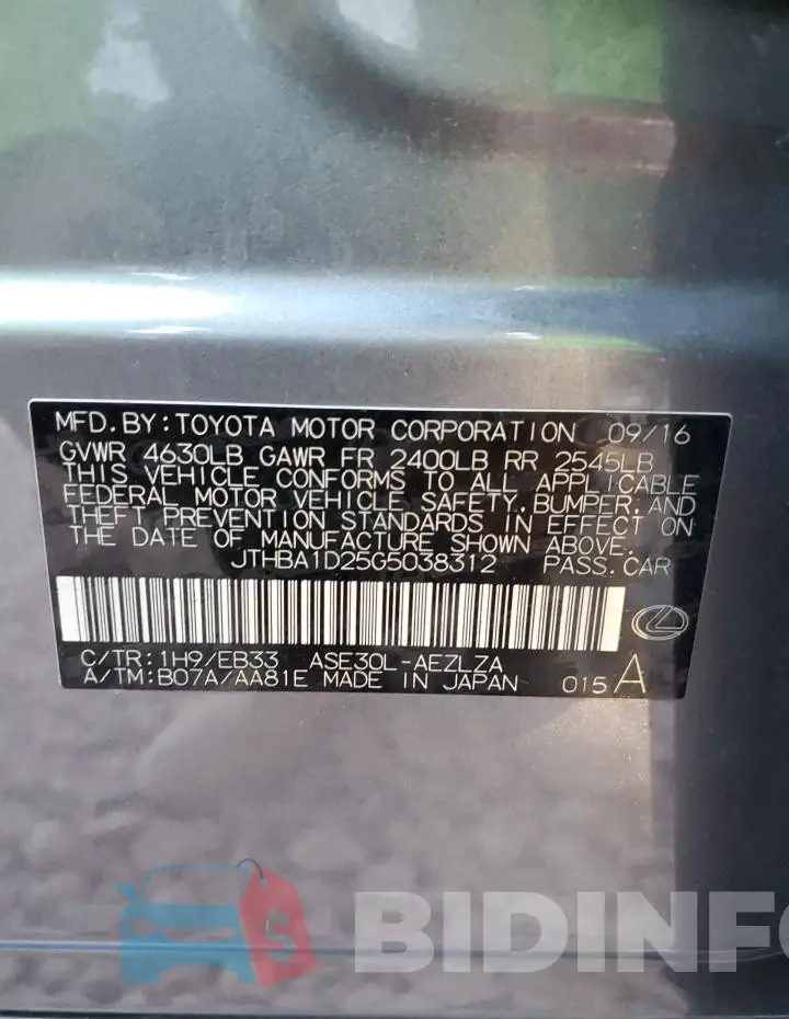 JTHBA1D25G5038312 Photo# 12