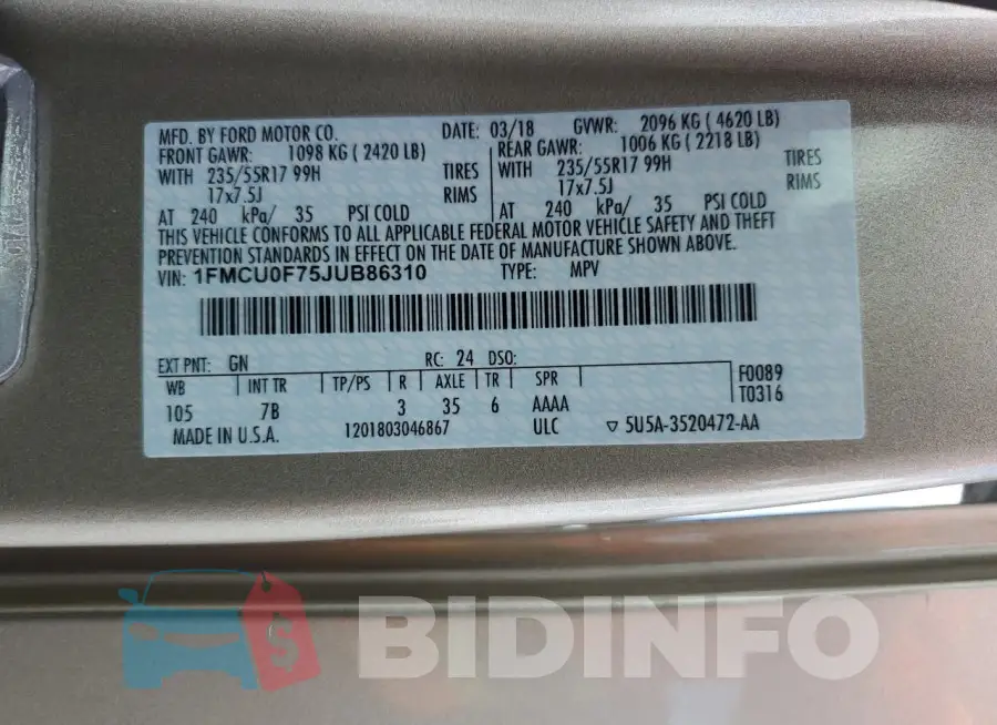 1FMCU0F75JUB86310 Photo# 13