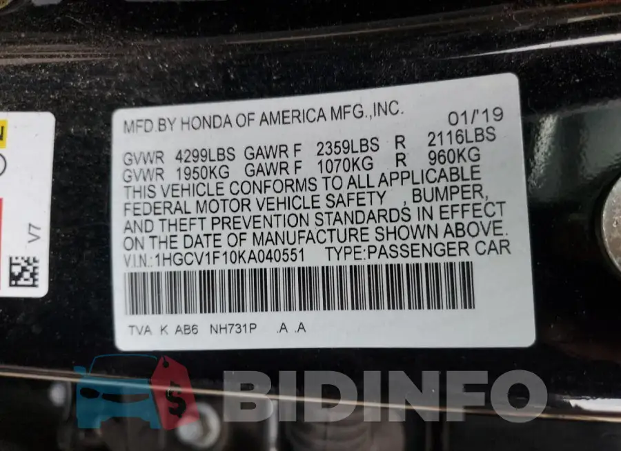 1HGCV1F10KA040551 Photo# 13