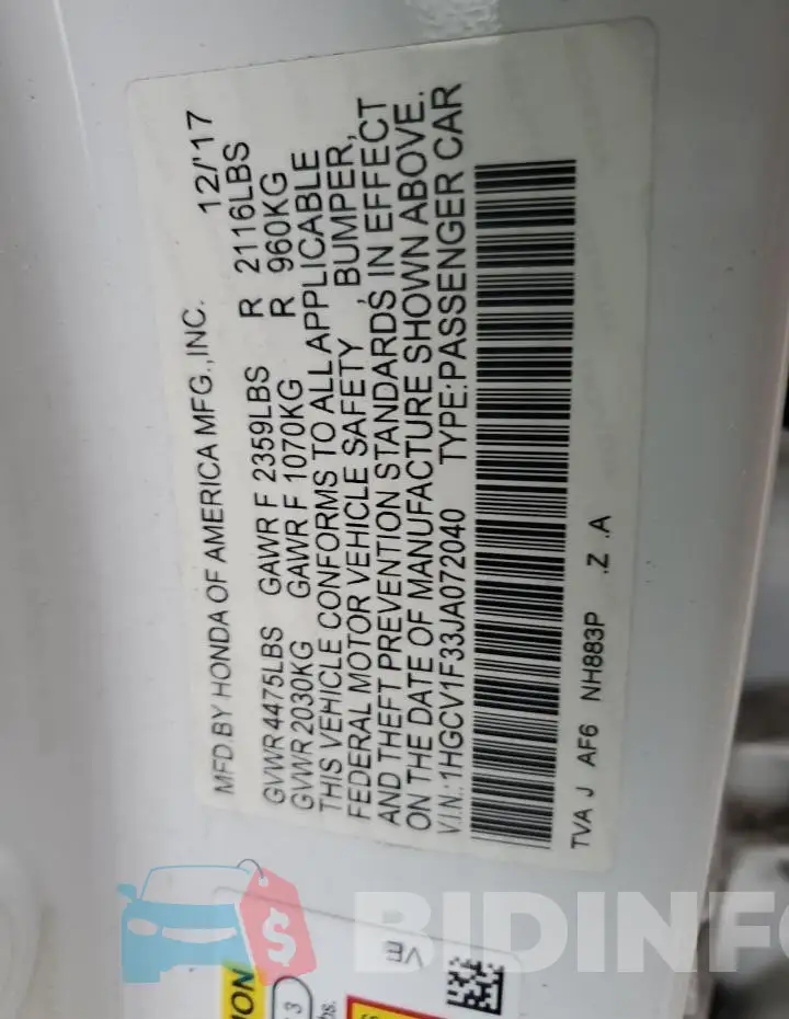 1HGCV1F33JA072040 Photo# 12