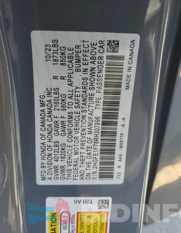 2HGFE1F78RH307996 Photo# 12