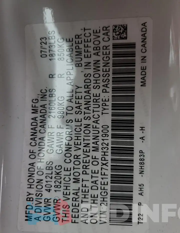 2HGFE1F7XPH321900 Photo# 12