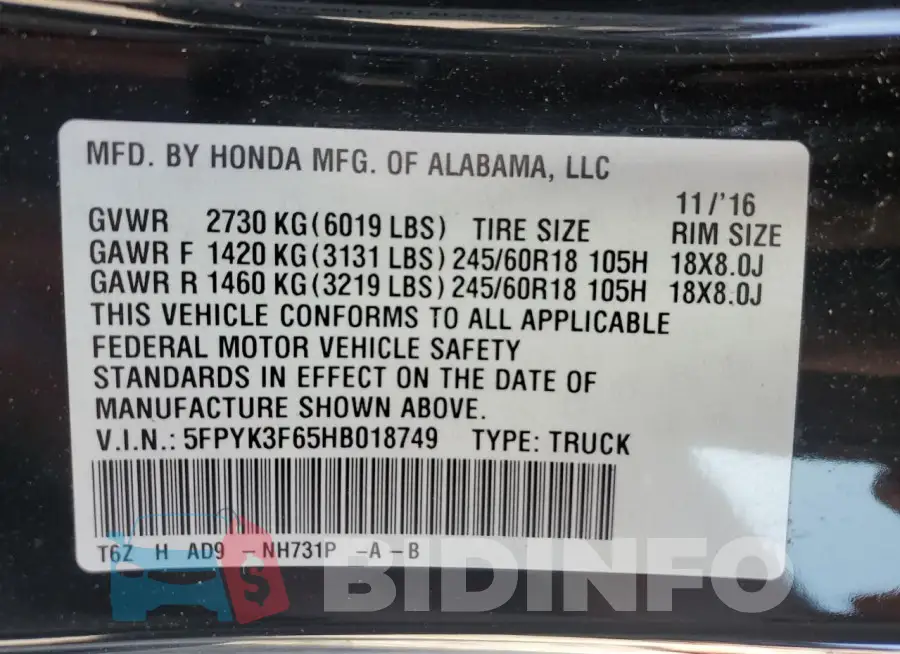 5FPYK3F65HB018749 Photo# 12
