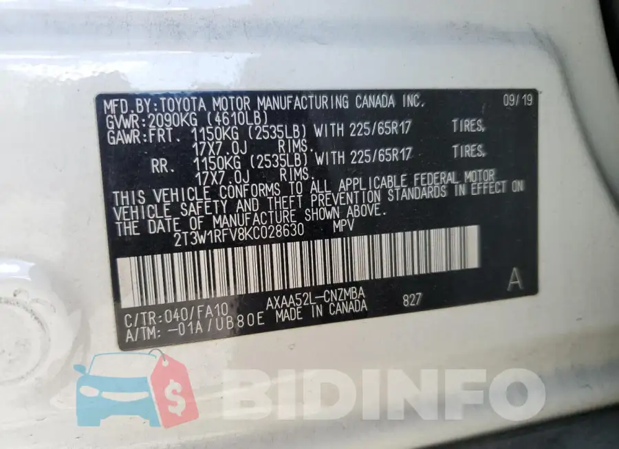 2T3W1RFV8KC028630 Photo# 13
