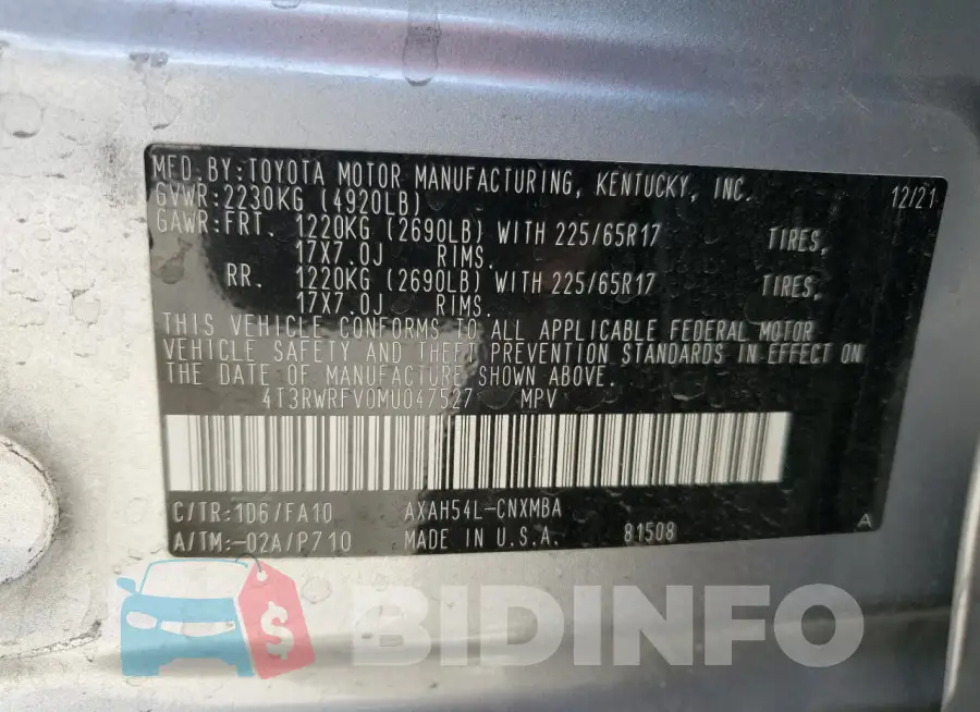 4T3RWRFV0MU047527 Photo# 13