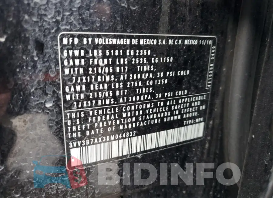3VV3B7AX3KM044832 Photo# 13