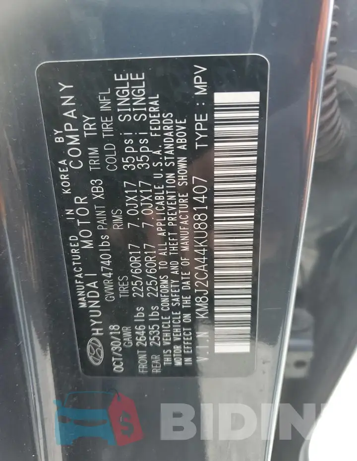 KM8J2CA44KU881407 Photo# 13