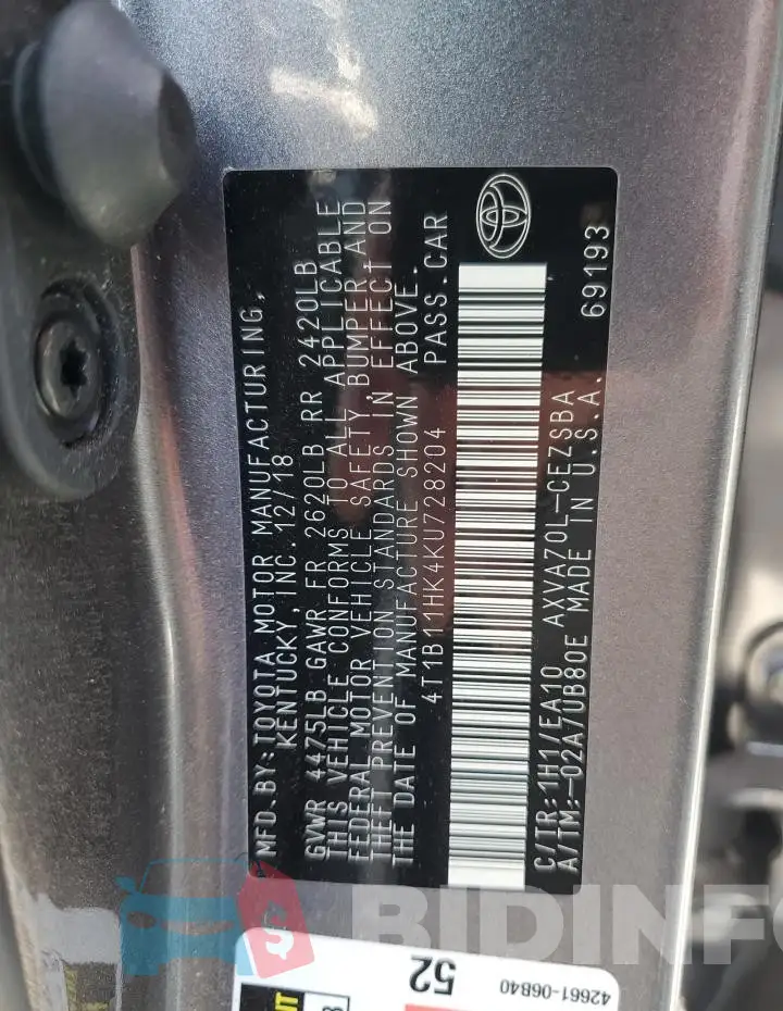 4T1B11HK4KU728204 Photo# 12