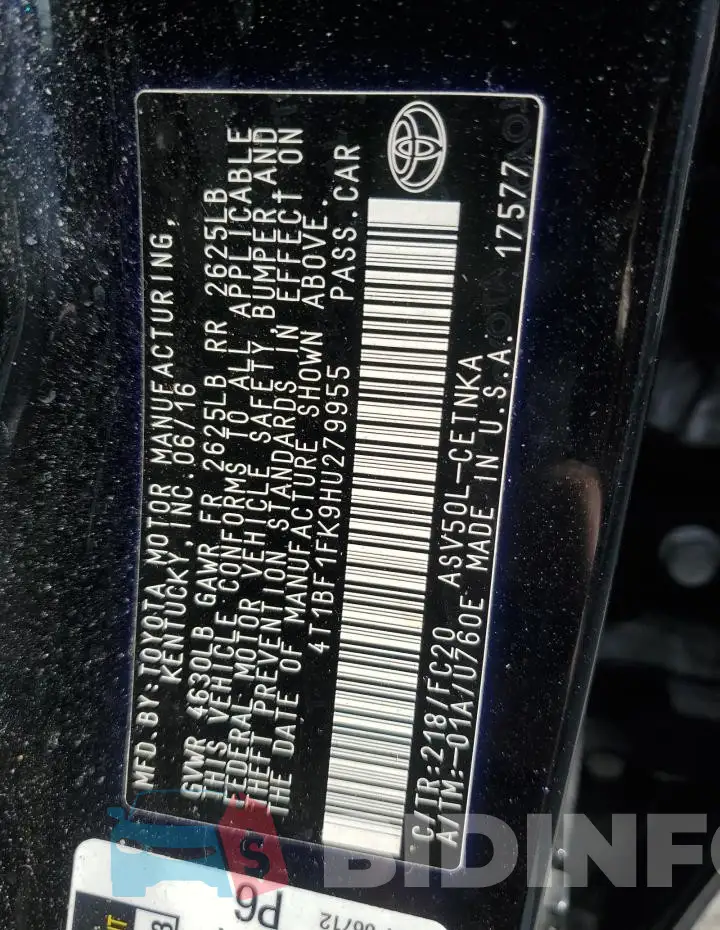4T1BF1FK9HU279955 Photo# 12