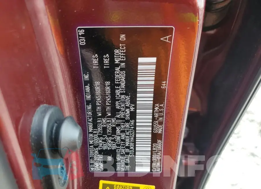 5TDJKRFH4GS274146 Photo# 14