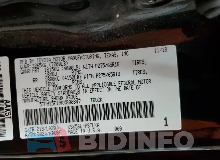 5TFHY5F19KX800847 Photo# 13