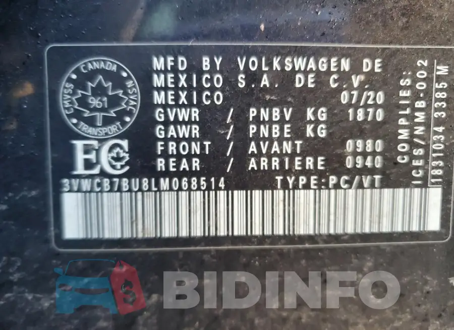 3VWCB7BU8LM068514 Photo# 13