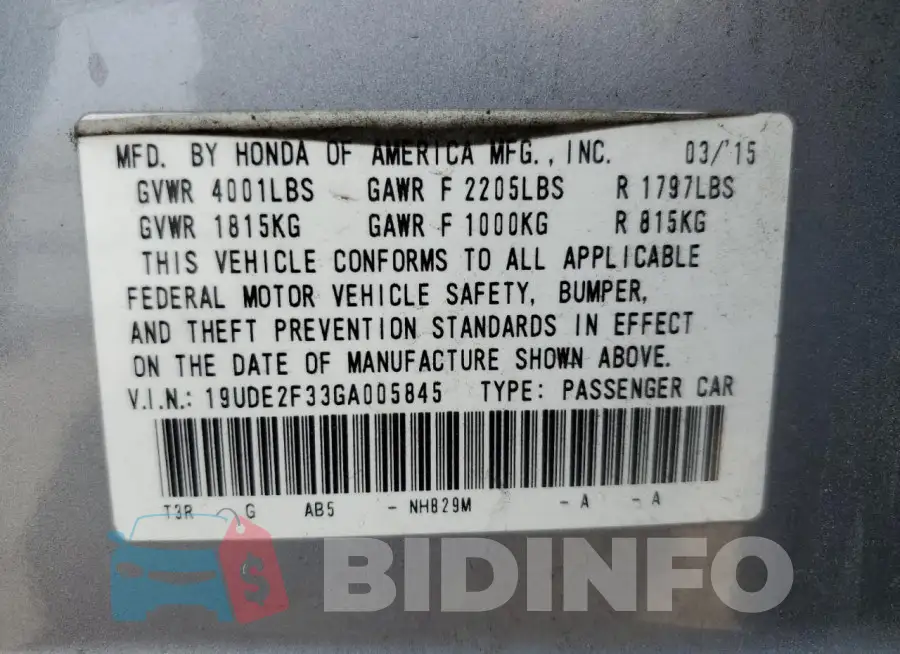 19UDE2F33GA005845 Photo# 12
