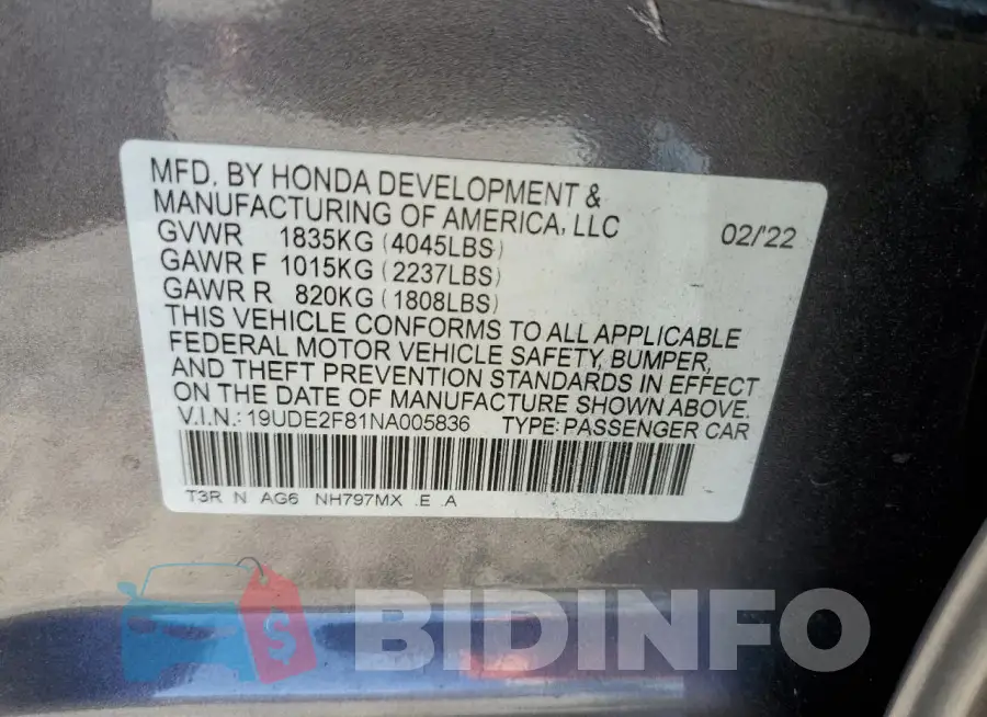 19UDE2F81NA005836 Photo# 13