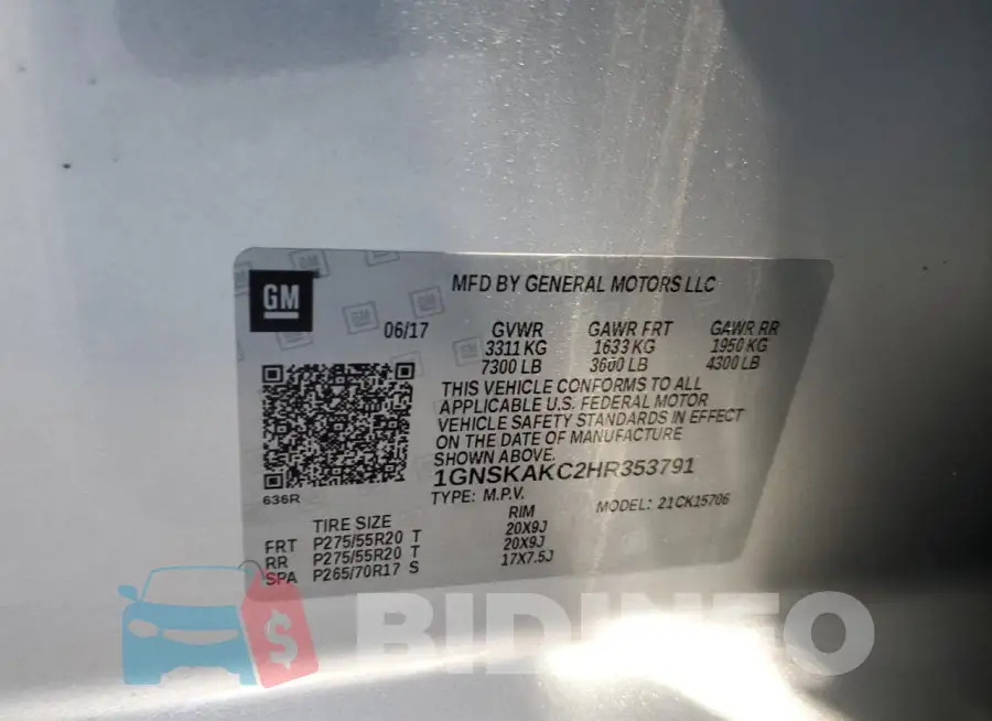 1GNSKAKC2HR353791 Photo# 13