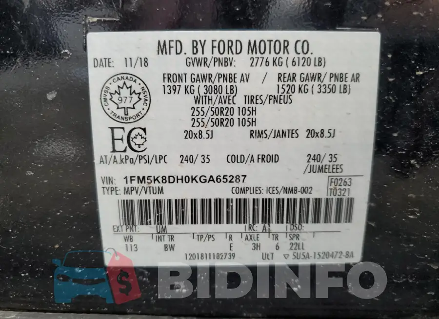 1FM5K8DH0KGA65287 Photo# 13