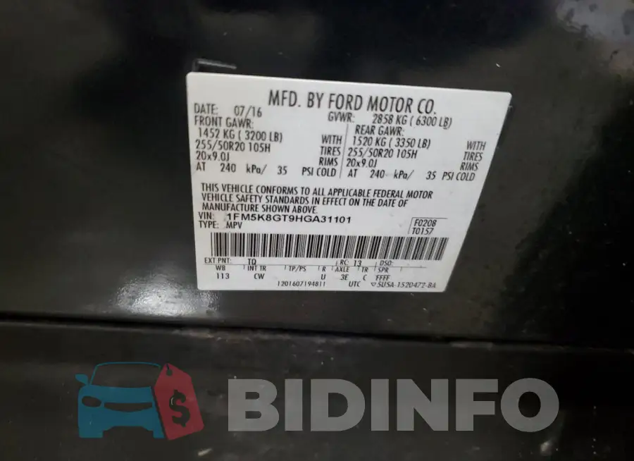 1FM5K8GT9HGA31101 Photo# 13
