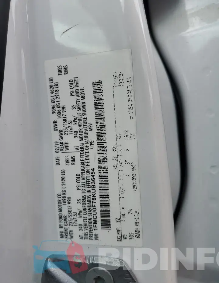 1FMCU0F78KUB36454 Photo# 13