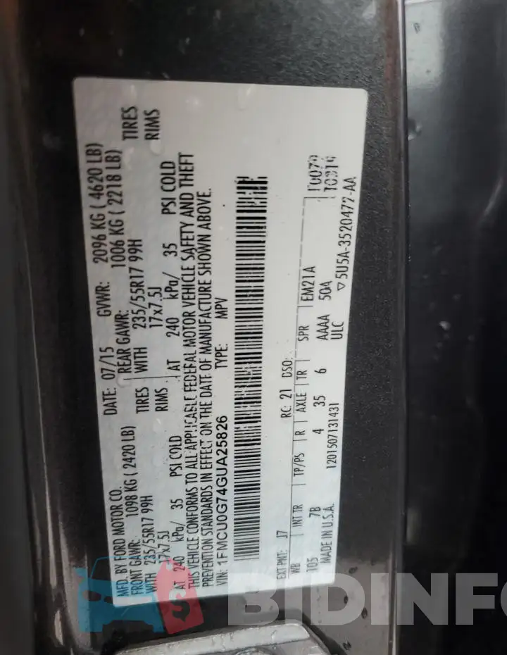 1FMCU0G74GUA25826 Photo# 13