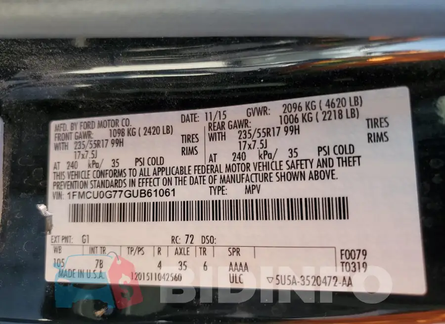 1FMCU0G77GUB61061 Photo# 13