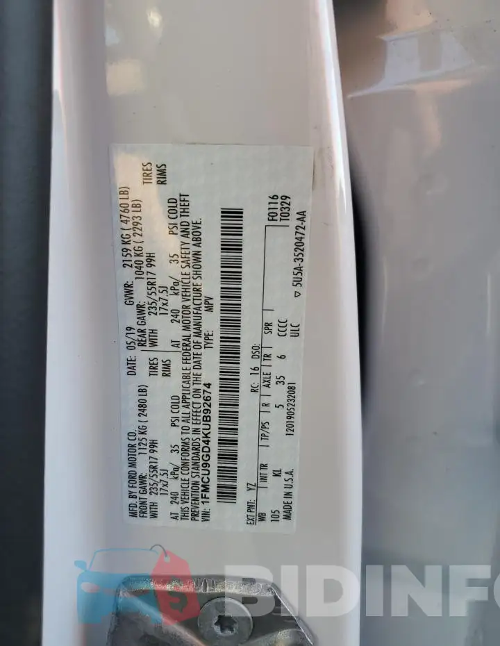 1FMCU9GD4KUB92674 Photo# 12