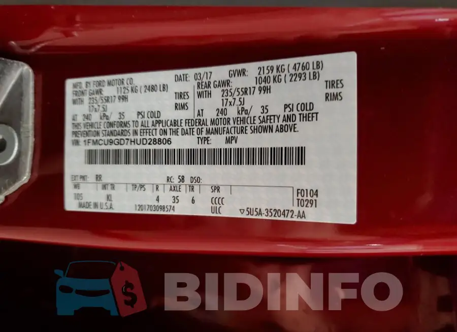 1FMCU9GD7HUD28806 Photo# 13