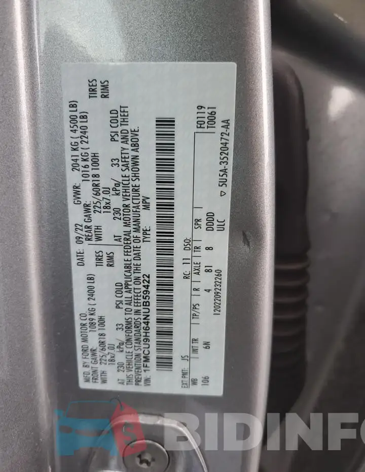 1FMCU9H64NUB59422 Photo# 14
