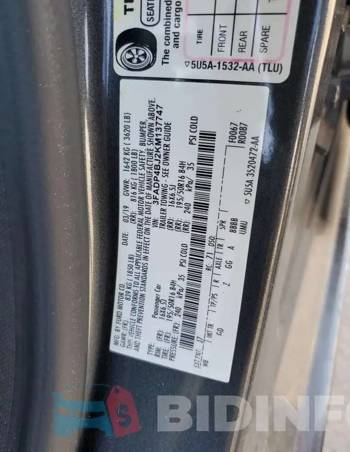 3FADP4BJ2KM137747 Photo# 13