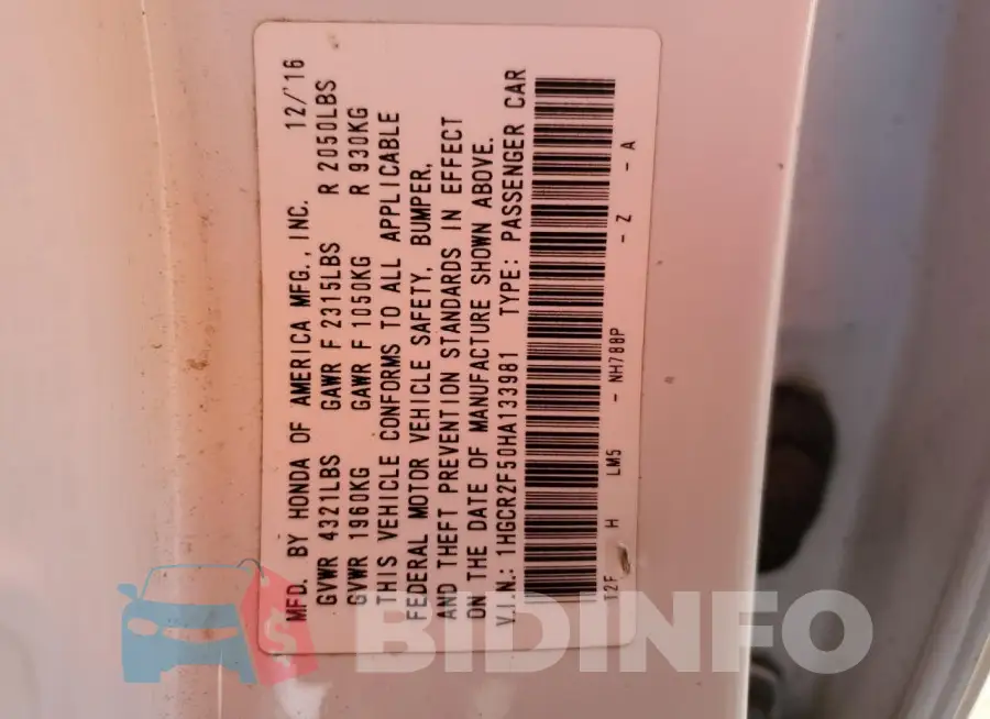 1HGCR2F50HA133981 Photo# 12
