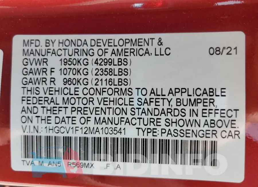 1HGCV1F12MA103541 Photo# 12
