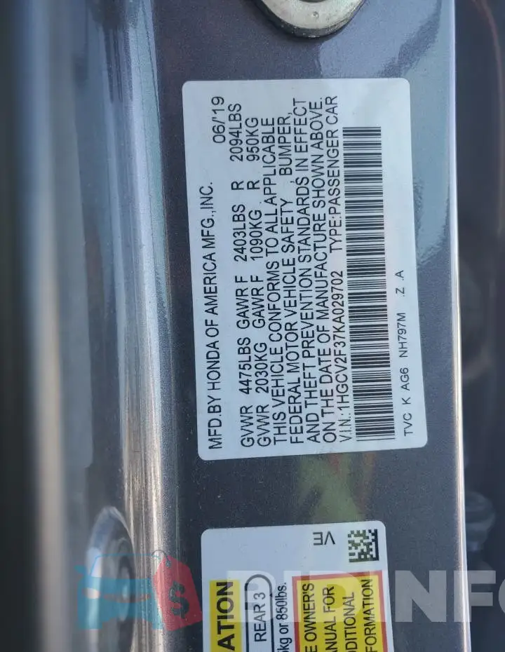 1HGCV2F37KA029702 Photo# 12