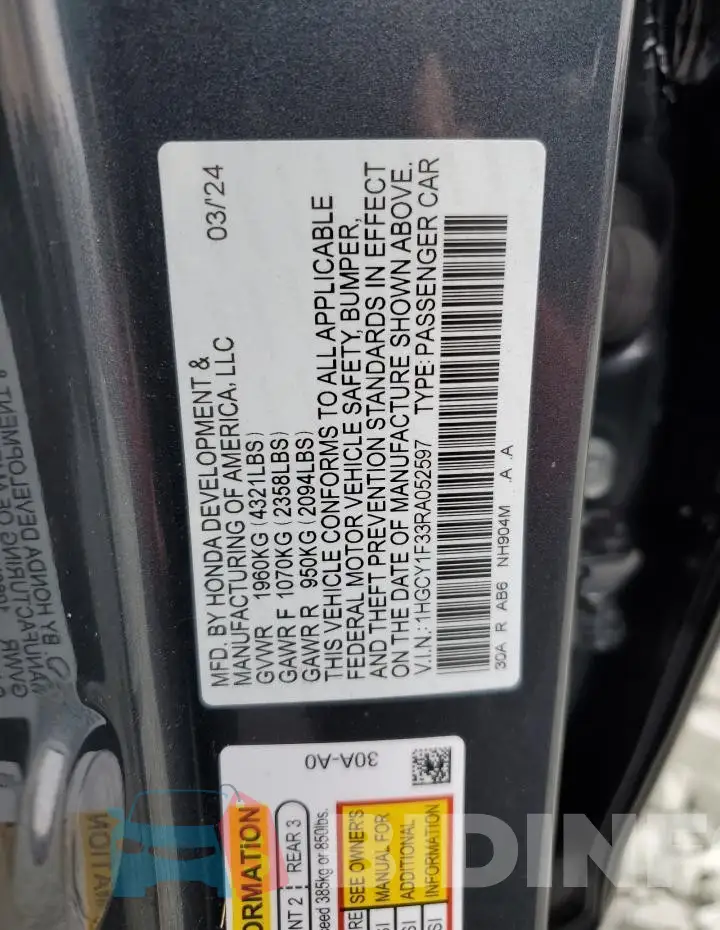 1HGCY1F33RA052597 Photo# 12