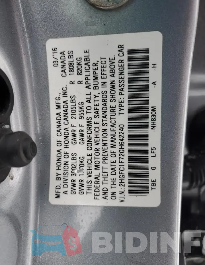 2HGFC1F72GH642240 Photo# 12
