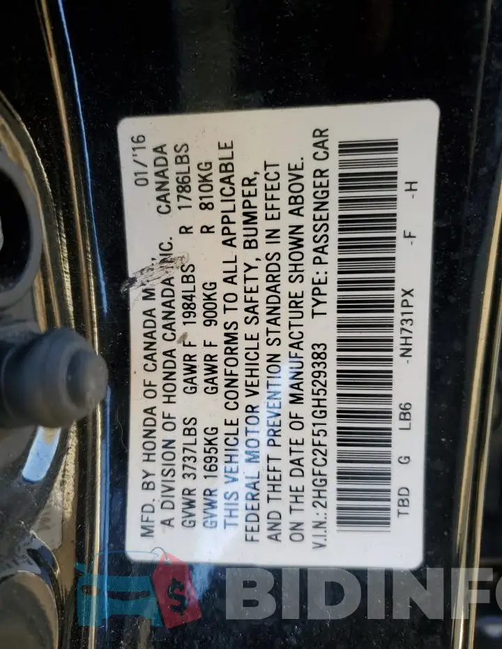2HGFC2F51GH529383 Photo# 12