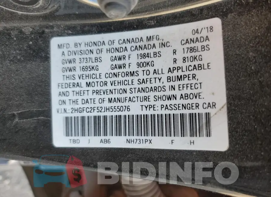 2HGFC2F52JH555076 Photo# 12