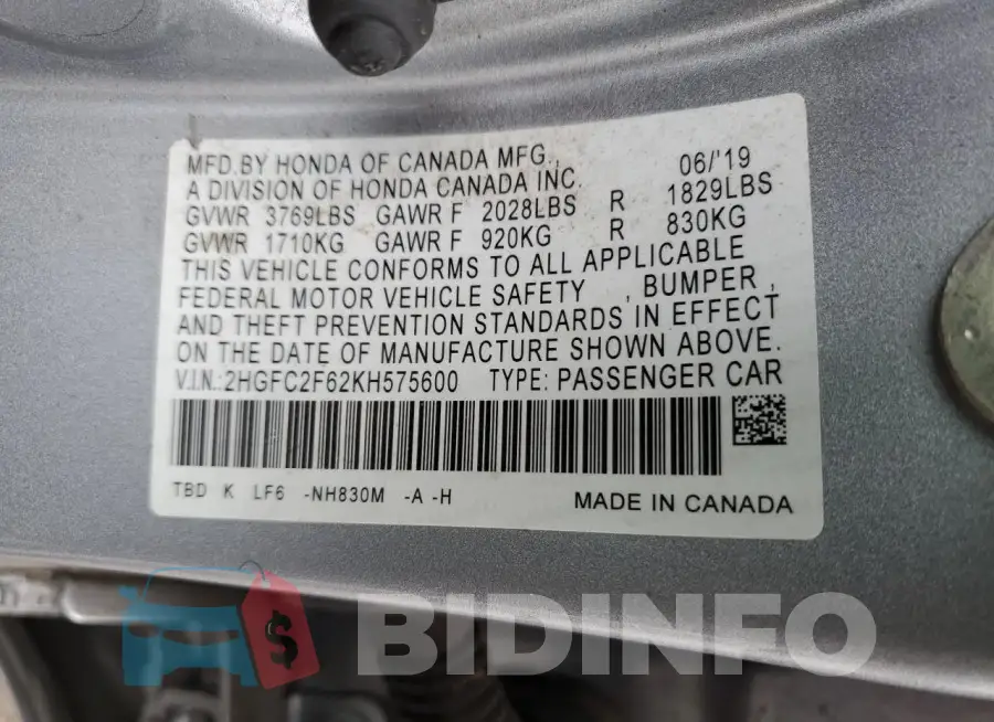 2HGFC2F62KH575600 Photo# 12
