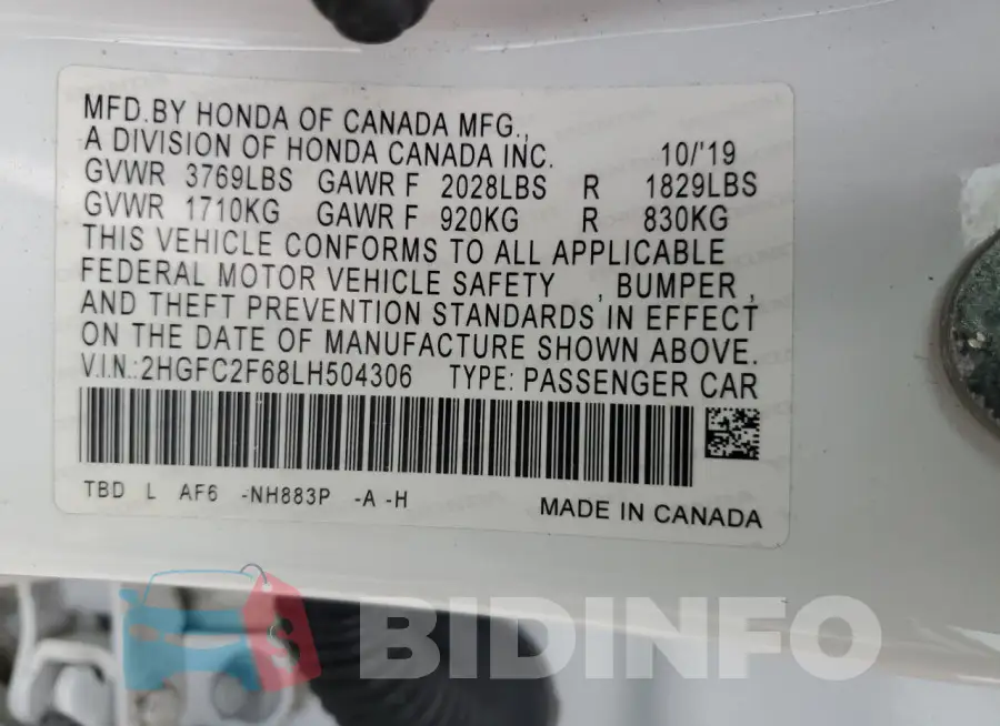 2HGFC2F68LH504306 Photo# 13