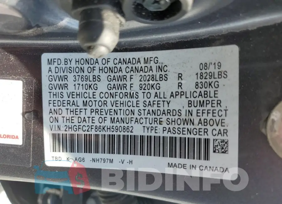 2HGFC2F86KH590862 Photo# 12