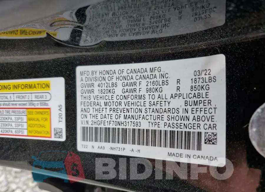 2HGFE1F70NH317593 Photo# 12