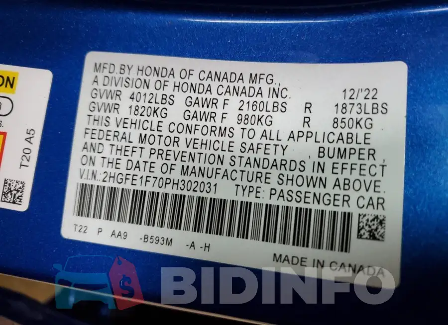 2HGFE1F70PH302031 Photo# 12