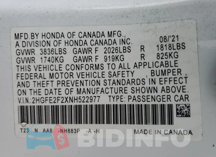 2HGFE2F2XNH522977 Photo# 12