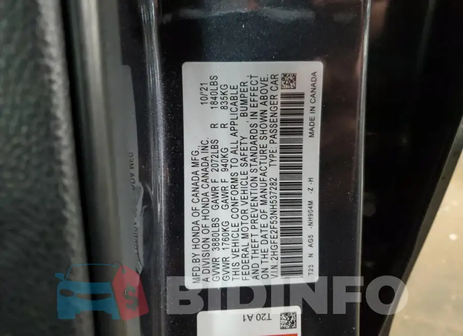 2HGFE2F53NH537282 Photo# 12